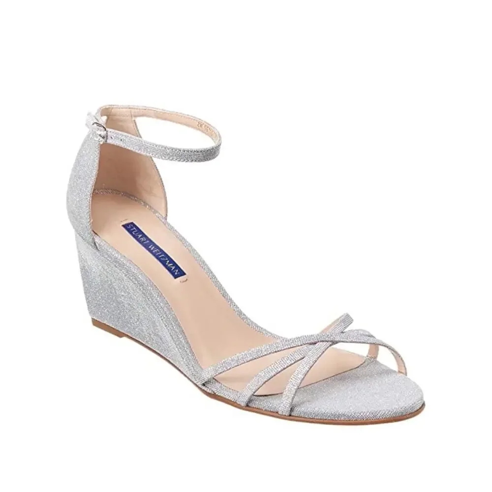 NEW Stuart Weitzman Silver Glitter Wedge Size 4